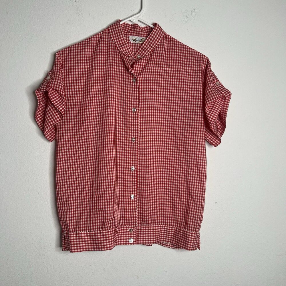 Rhoda Lee Summer Red White Gingham Short Sleeve Cotton Button-women Shirt  Sz L